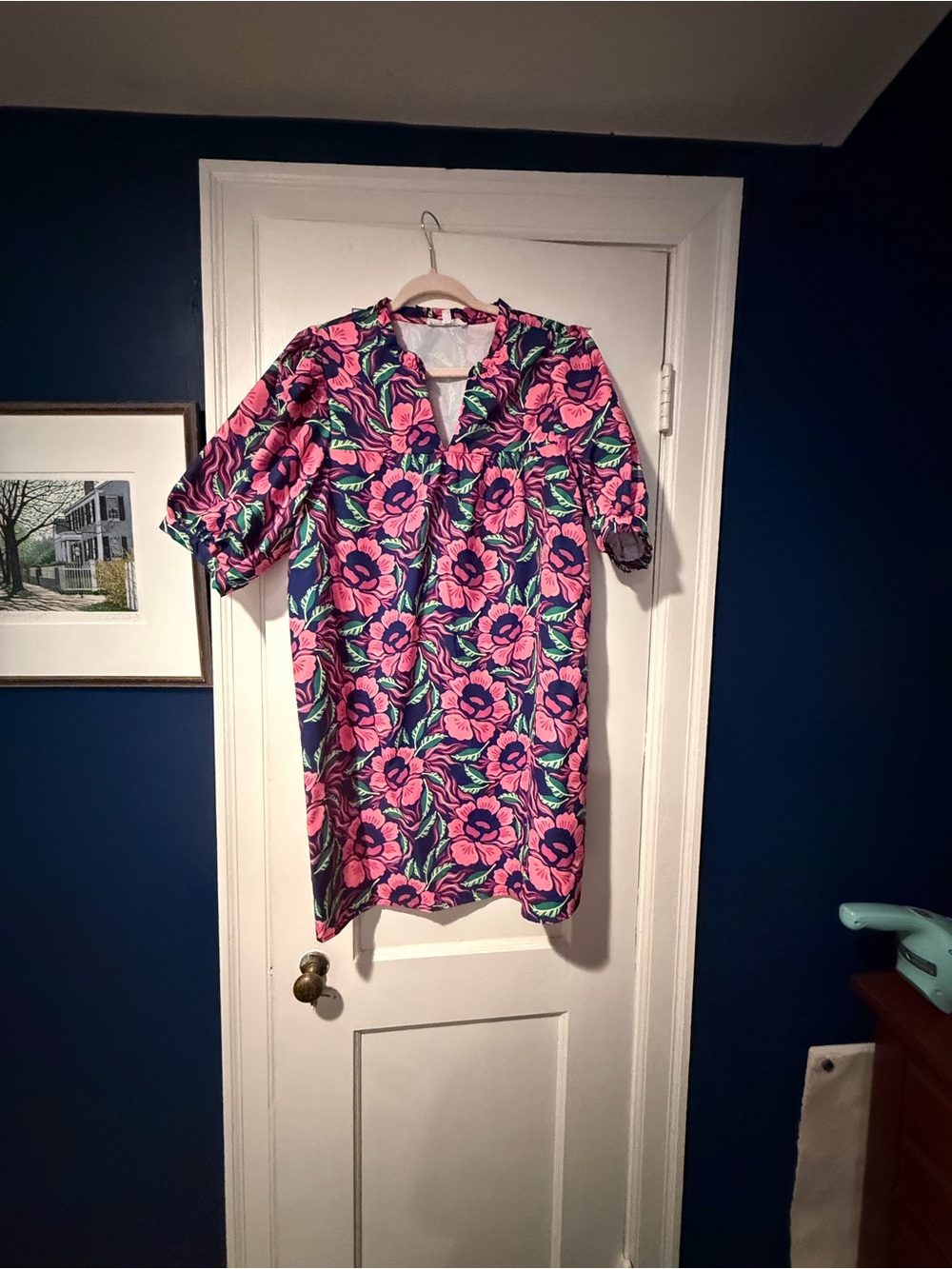 Pink Floral Mini Dress with Navy Base